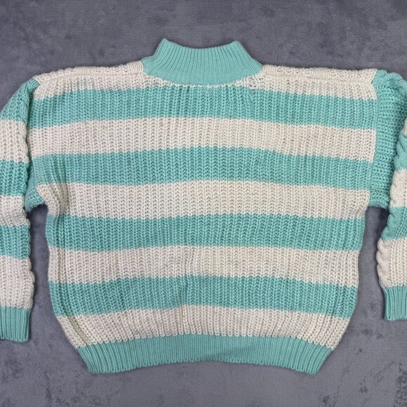 Gerard Works Sweater Womens M Vintage 80s Striped White Teal Chunky Cable Knit - Picture 10 of 11